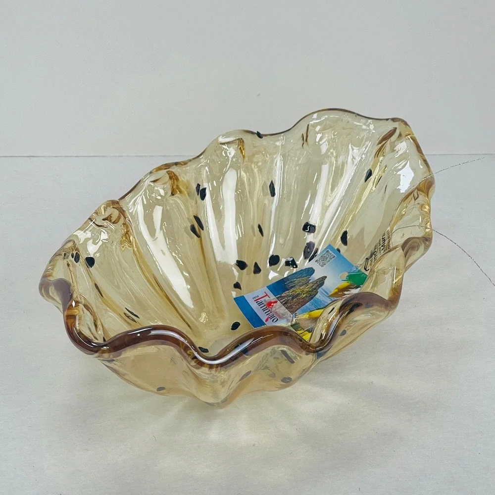 Tammaro Home Murano Glass Bowl Amber Speckled Ruffled Rim Made in Italy 10in